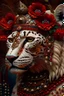 Placeholder: Beautiful mexican jaguar animal adorned with etheral shamanism hal face masque, mexican style floral red poppy, white cathalea flower brocade headdress wearing humán brokade decadent shamanism costume organic bio spinal ribbed detail of decadent shamanism mexican style extremely detailed hyperrealistic portrait art