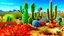 Placeholder: A vibrant desert landscape with various cacti and succulents, including red and orange flowering plants, against a bright blue sky