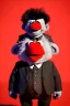 Placeholder: Waist up muppet Portrait, Kim Jong-un muppet doll, black suit, photo studio, red background, unreal engine 5, concept art, art station, ray tracing, lumen lighting, ultra detail, volumetric lighting, 3d.