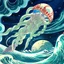 Placeholder: An astronaut floating in space surrounded by a halo of glowing jellyfish, done in the style of Hokusai's The Great Wave off Kanagawa