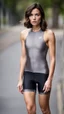 Placeholder: photography of a beautiful anorexic woman, grey satin triathlon top, brunette wavy bob haircut, flat chest, grey satin leggins