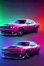 Placeholder: schönes foto von einem chromlackierten dodge challenger in heckansicht der auf einem highway richtung horizont fährt,miami vice, miami, neon ligths,chrome, synthwave, retro, high detailed,unreal engine, octane render, photo realistic, viele palmen, komplementärfarben