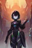 Placeholder: Cyberpunk hacker, black hair, short hair, cybernetic eyes, standing in mists, Female, dark art, Ivory Peach skin, cute