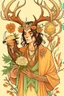 Placeholder: create a drawing for me. a fantasy drawing of a hispanic man with deer skull on his head. he has brown hair and tan skin. he wears peach colored robes and yellow pants with green accessories. he is surrounded by nature and is holding a crow companion. the skull is large and covers the face completely. the deer skull covers his face and the antlers have flowers on them.