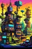 Placeholder: Create cartoon art featuring shinny glossy textures cityscape , highly detailed and chaotic sci-fi sophisticated and futuristic scenes. It features bright colors with shades of golden, black, soft purple, green and blue dominating. The design appears to be filled with organic and machine-like elements that blend with each other. The Buildings intertwined with drone, robot and tech around it giving it a dystopian and cybernetic feel.