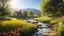 Placeholder: Beautiful realistic rural landscape, warm sunshine, lush plant growth, flowers, human habitation, brook, peaceful, delightful, idyll, award-winning photograph, detail, beautiful composition, attractive colour, chiaroscuro