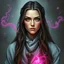 Placeholder: portrait; human; female; sorcerer; pink magic; long hair; scholar; white cloth; necklace;