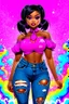 Placeholder: vibrant psychedelic comic book image, airbrush, 48k, cartoon art of a chibi curvy black female wearing torn jeans pants and a pink tie dye off the shoulder blouse. Prominent make up with lush lashes. Highly detailed sleek wavy ponytail