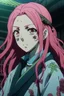 Placeholder: Kimetsu no yaiba screencap of a (female) (with (body description aka pink long hair ,skin tone is light , eye color is dark , face shape is A long, sharp-featured face, Scenery is (beautiful, adorable etc.). (He/she) is wearing a (outfit of katana). (WIT/MAPPA) Studios (season 1, season 2, season 3) screencap.