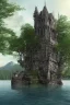 Placeholder: 3-story Fantasy Gothic Tower with An Observation Platform, On A Rocky Island, In A Lake, In A Fantasy Woodland, with a bridge