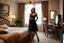 Placeholder: very beautiful lady with beautiful midi dark green skirt and top standing next to her boy friend in a luxury bedroom with high heels next to makeup desk looking to camera