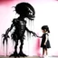 Placeholder: Banksy style graffiti of a xenomorph holding out a head to a little girl, graffiti 2d wall mural, minimalism, pink and black hues