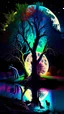 Placeholder: A colorful 5feet trees near river shining in the night reflection of moon light. wolves next to the tree howling at the moon.