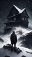 Placeholder: Hyper Realistic black dressed sad man on the top of a mountain & an abandoned dark haunted house at heavy snowfall night