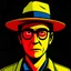 Placeholder: (Without glasses : 1.5) Gustavo Petro, comic style artwork, dark yellow, black, red and blue, with wide-brimmed hat, with white shirt, calm,