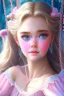 Placeholder: A very beautiful princess with a round face, wide blue eyes, a thin nose, a luminous face, and clear skin. She wears light pink makeup. She rides the swing and her hair flies.