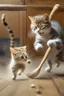 Placeholder: mother cat chasing baby cat with wooden spoon