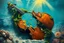 Placeholder: Dramatic oil painting – a broken cello lies submerged on the ocean floor, its wooden body split wide open at the center, exposing its hollow interior like a broken ribcage. Inside the cello’s exposed cavity, vivid tropical fish swim gently, their colors glowing against the dark wood. The instrument is draped in green sea moss and flowing seaweed, partially buried in the sand beside a blooming coral reef. Golden sunbeams pierce through the water, casting ethereal light onto the cello’s internal s