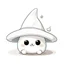 Placeholder: drawing of cute small mochi character with whitch hat on, on white background