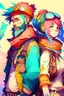 Placeholder: anime couple, adventurers, colorful, man with beard