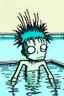 Placeholder: 2d drawing of a stickman, cool with punk hair, x eyes like in hangman, in swimming pool, laying on hands on the side of pool, 3d realistic in colour