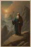 Placeholder: Moses stands on a mountain and holds a crooked wooden staff. Aaron is next to HIM, and there are a lot of Jewish people crossing the sea by land below. There are walls of water on both sides to the right and left of them. There is a silhouette of God in the sky. Everything is painted in oil painting with high-quality drawing of details