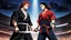 Placeholder: yujiro hanma vs yoriichi tsugukuni, baki vs kimetsu no yaiba, two mans standing in front of each other, a big strong man in black shirt with red hair and evil grin in martial art's stance facing a smaller feminine swordsman with long hair and calm face reaching for his sword in traditional japanese clothes both preparing to fight each other