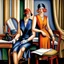 Placeholder: Two 1920s tailor women making a dress, by artist "Catherine Abel" by artist "Tamara de Lempicka",highly detailed elegant beautiful crisp quality, colourful