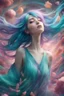 Placeholder: A stunning Anime girl suspended in a kaleidoscope of colors, captured in a photorealistic, cinematic photograph, as if plucked from a dream sequence. Her vibrant turquoise hair flows like a river, contrasting with the muted, earthy tones of her skin, set against a gradient of iridescent pinks and purples, evoking a sense of ethereal mysticism. Soft, cinematic film grain textures the image, infusing it with a sense of nostalgic warmth, as if lit by the flickering lights of a vintage cinema.