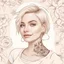 Placeholder: Young happy blond pretty smiling girl beauty female gen z model with short blonde hair beautiful face healthy skin and tattoo looking at camera wearing white top isolated at beige background. Portrait