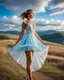 Placeholder: full-body closeup shot of a young, beautiful girl with a perfect face and makeup,wearing pretty dance dress standing in a stage in open air nice hills , blue sky ,pretty clouds at distant