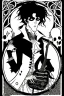 Placeholder: goth male necromancer with black hair playing a theramin in the style of Aubrey Beardsley