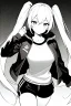 Placeholder: blonde girl with ponytails dressed in a jacket and shorts, greyscale