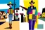 Placeholder: whimsical arafed nonsense, patchwork vibe, acrylic and ink painting of a cozy village main street on undulating hills with color (((minimal))) sketches of village people with (((extremely long limbs))), (((oversize head))), sharp color contrasts, amazing shadows, (((exaggerated limbs and head))), minimal cozy, warm palette, bright bold warm summer colors, color leak, sparse bright orange-red splinters, heavily distorted views, amazing parallels, amazing reflections