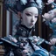 Placeholder: interior room, haute couture, black, intricate details, pastel colors, futuristic outfit, extraordinary makeup, japanese porcelaine doll, gorgeous, weird, serious, 4k