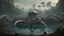 Placeholder: Wide-angle shot of a woman, standing on the right hand side of an alien beach, with dark hair in a silver robotic catsuit, many floating aliens with long tentacles, alien jungle trees in the distance detailed matte painting, deep colour