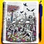 Placeholder: rich color pencil hand doodle sketch on a spiral binded notebook page, chaotic psychedelic cemetery scene with wacky skeletons and crows in the style of Kenny Sharfe and Jim Woodring, maximalism