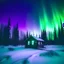 Placeholder: analog film minimal liminal icy cabin front elevation squared off and centered with icy trees behind and purple green aurora borealis - foreground is simple snowy plain