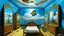 Placeholder: Surrealist painting of a room with walls painted with a blue sky and white clouds. The room contains a wooden bed with a tribal mattress on which a creature rests, and an oversized comb serves as a headboard. A mirrored wardrobe reflects part of the room, and a giant razor blade rests on it. In the foreground, a large translucent water goblet with a fish inside rests on a checkered rug, dominating the scene. Dreamlike atmosphere.