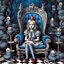 Placeholder: Alice's adventures in Weird-land, Alice sitting on a Queen's throne with candy cane striped scepter, dark fairytale, surreal asymmetrical maximalism, by John Tenniel, by Alexander Jansson, by Gustav Dore, liquid color ink illustration, blue and white color scheme.