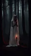 Placeholder: girl alone wearing lace veil with blood on it praying in the forest in the dark.cinematic.candles all around her