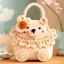 Placeholder: Design a charming illustration of a crocheted children's handbag inspired by a cute bear motif, featuring intricate stitching and playful details. The handbag should be adorned with vibrant colors and whimsical embellishments, such as bows, tassels, and pom-poms, creating a delightful accessory for kids. Ensure that the drawing captures the essence of childhood innocence and imagination, with every detail intricately depicted to showcase the craftsmanship of the crocheted bag.