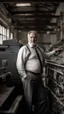 Placeholder: italian strong chubby 55 year old man in smart gray suit, unbuttoned shirt, short beard, shirtless, printer in an old printing house, next to a huge old printer, dim light, side light, ambient occlusion