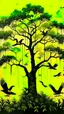 Placeholder: Jungle birds flying around big tall tree, painting, yellow and black