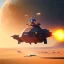 Placeholder: octane render volumetric desert environment, Ralph McQuarrie style painting of an armored hovercraft with cannon, floating in the air, highly detailed, minutiae, nimbus, stormy