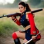 Placeholder: Mahima Chaudhary wearing 18th century red military uniform. curvy body. hair in ponytail. thick thighs. wearing booty shorts. wearing knee high boots. she is kneeling and hiding in trench. she is holding a musket gun. she is ready to fire gun. location is battlefield.