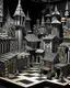 Placeholder: A gray mechanical village made out of steel designed in Javanese shadow puppets painted by Victor Vasarely