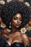 Placeholder: Create an oil painting image of a curvy black female wearing a black off the shoulder blouse and she is looking down with Prominent makeup. Highly detailed tightly curly black afro. Background of large black flowers surrounding her