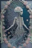 Placeholder: Artwork entitled "Skull Moon Pond Goddess " depicts a partially skeletonized Pond Goddess wearing a gown made from detailed quilling consisting of feathers, foliage, fish scales, flowers, and gemstones appearing inside an archway of quilling growing around her and the skull moon; insanely detailed; quilling; elegant, fantasy, rose tones, beautiful, rapturous