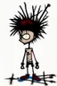 Placeholder: 2d drawing of a stickman, cool with punk hair, x eyes like in hangman, laying flat on stomach,backside view,3d realistic in colour